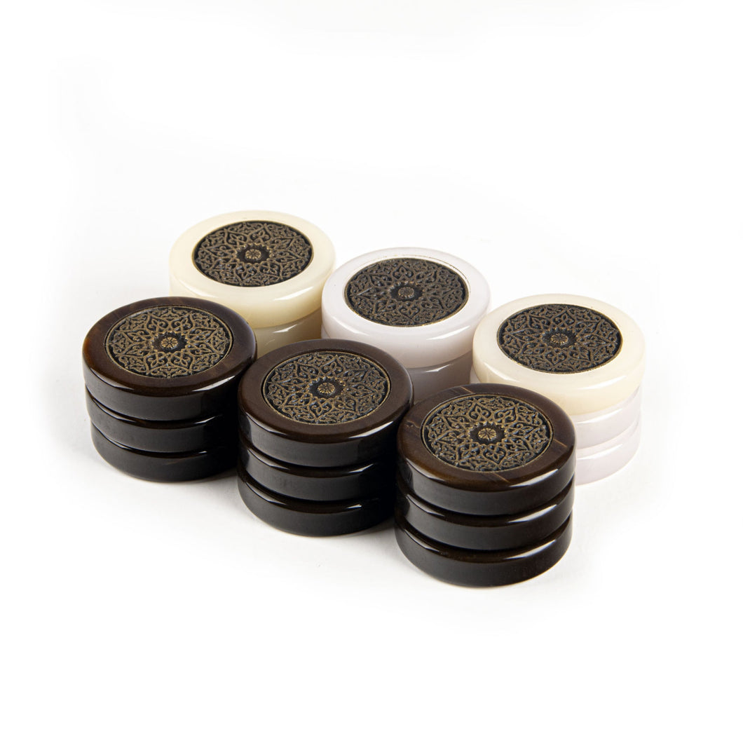 Pedine da Backgammon acriliche madreperlate con metallo, diametro 36mm