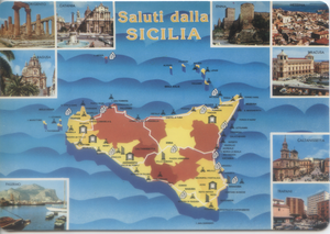 Cartolina Mappa di Sicilia e immagini di Palermo-Agrigento-Catania-Ragusa-Enna-Messina-Siracusa-Caltanissetta e Trapani