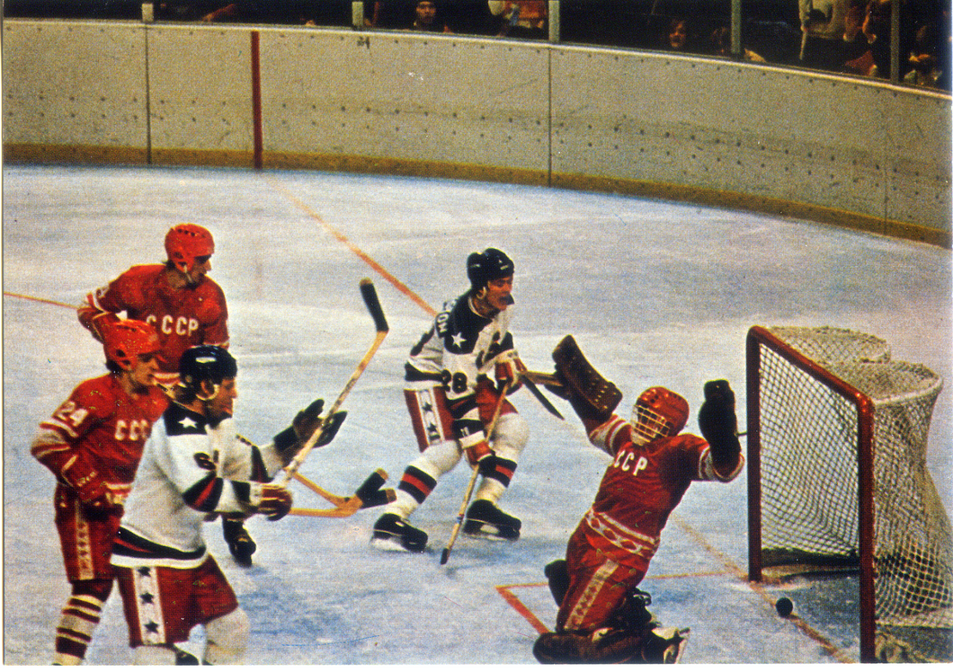 Cartolina Hockeyghiaccio USA-URSS Miracolo sul ghiaccio Lake Placid Gol vittoria