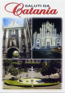 Cartolina Saluti da Catania [Porta Uzeda, Cattedrale, Villa Bellini] (48921)Kina