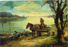 Carica l&#39;immagine nel visualizzatore di Gallery, Cartolina di Dipinto di N.Spirescu (Uomo su Carro trainato da Cavallo) - Garami
