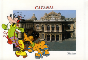 Cartolina Walt Disney con veduta del Teatro Massimo Vincenzo Bellini-Catania