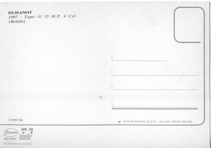 Cartolina Postcard Auto Duhanot 1907 Type: G 15 H.P. 4 Cyl. (Bolide) Garami