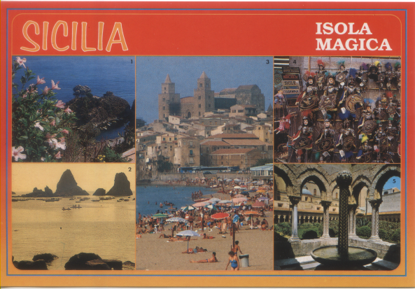 Cartolina Sicilia (33527/F) Taormina-Aci Trezza-Cefalù-Pupi-Monreale Kina Italia