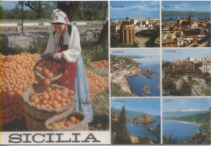 Cartolina Sicilia (37) Catania-Acireale-Etna-Messina-Siracusa-Mazzarò-Arance Garami Milano