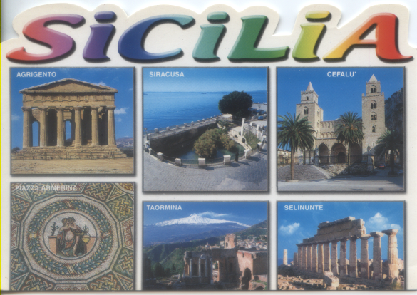 Cartolina Sicilia(3) Agrigento-Siracusa-Cefalù-Piazza Armerina-Taormina-Selinunte O.G.B.