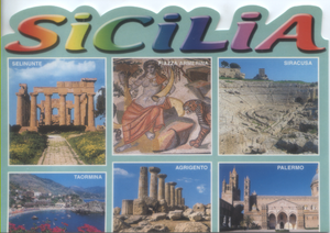 Cartolina Sicilia (4) Agrigento-Siracusa-Taormina-Piazza Armerina-Selinunte-Palermo O.G.B.