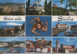 Cartolina Saluti dalla Sicilia (4) Caltanissetta-Catania-Agrigento-Taormina-Palermo-Siracusa-Messina