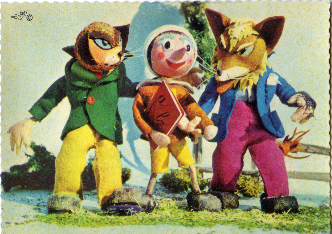 Cartolina Pinocchio con il Gatto e la Volpe-Edizioni Del Colombo-Anni '60