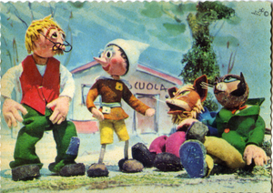 Cartolina Pinocchio con Mastro Geppetto e il Gatto e la Volpe-Ediz. Del Colombo