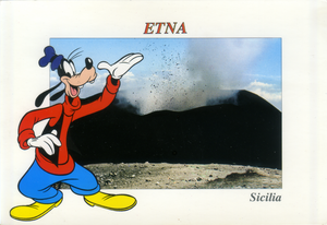 Cartolina Walt Disney Etna esplosione al cratere Nord Est
