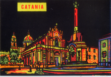 Carica l&#39;immagine nel visualizzatore di Gallery, Cartolina Vellutata Catania Piazza Duomo di Notte-Aliprandi Editore Anni &#39;60