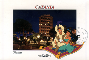 Cartolina Walt Disney con veduta della Villa Bellini ed il Grattacielo-Catania
