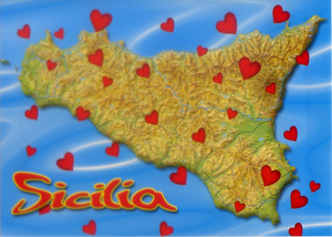 Cartolina Mappa di Sicilia con Cuori - Grafiche Milan Cards