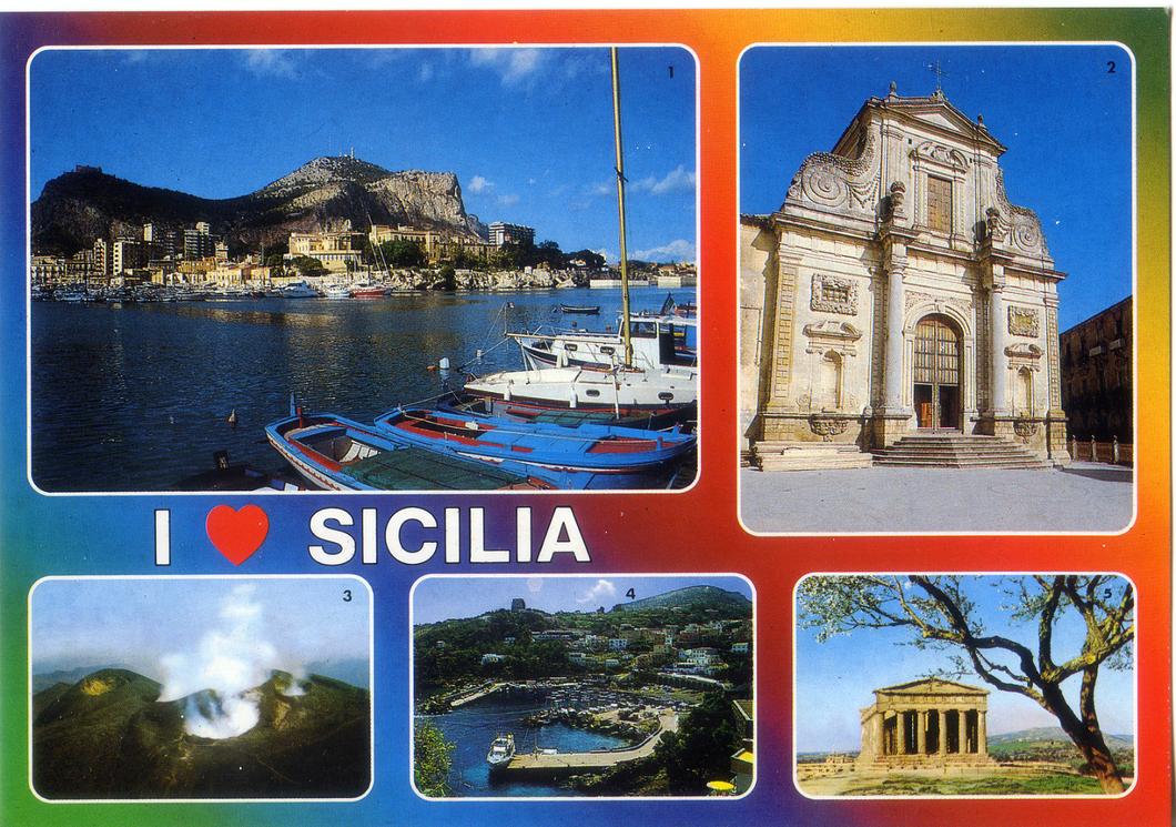 Cartolina I Love Sicilia (Palermo,Caltagirone,Etna,Ustica,Agrigento)[33528/F]