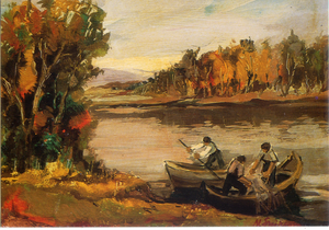 Cartolina di Dipinto di N.Spirescu (Pescatori su Barche al Fiume) Garami Milano