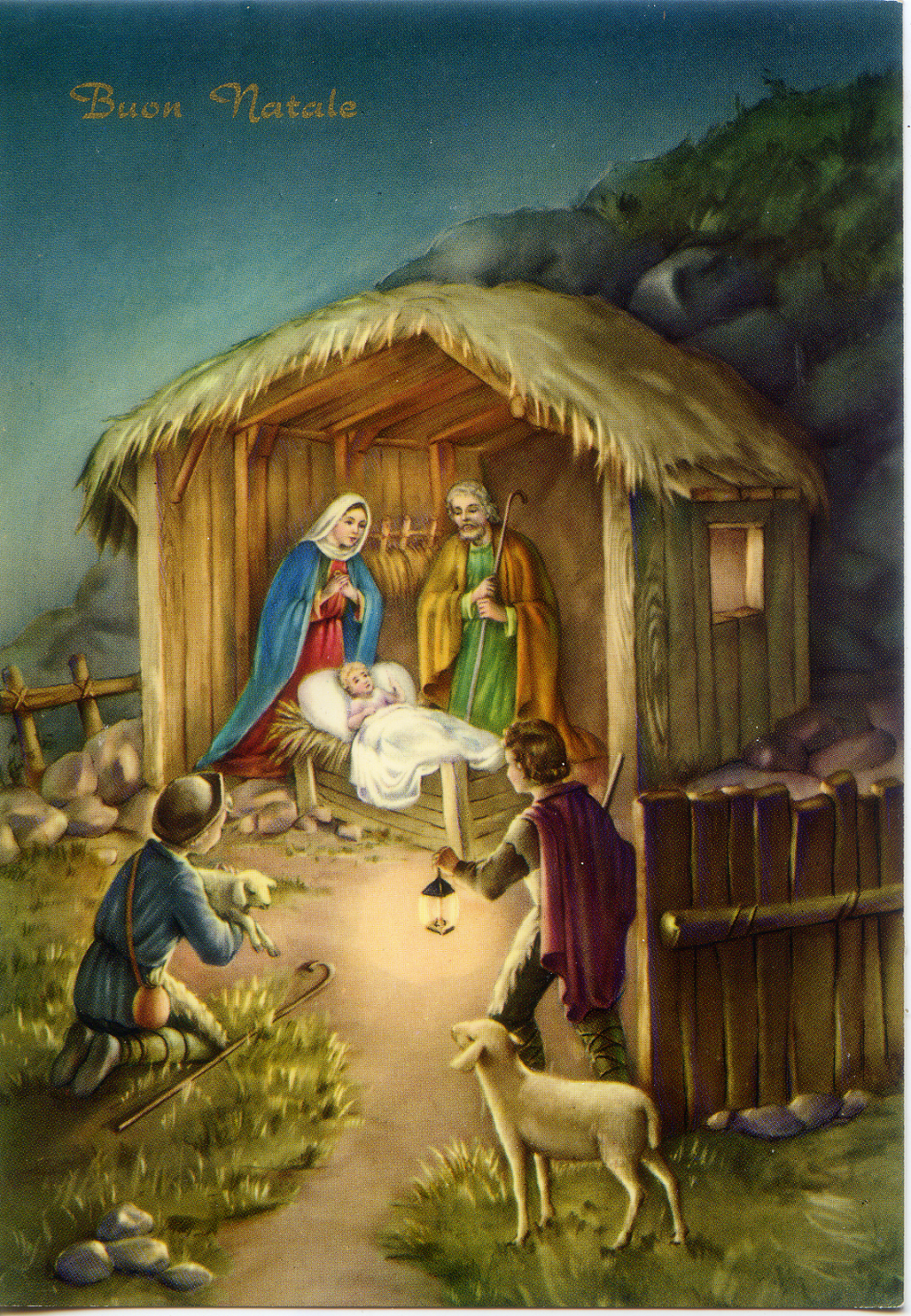 Cartolina Buon Natale (S/194) Edizioni Saemec [3] Sacra Famiglia e Pastorelli