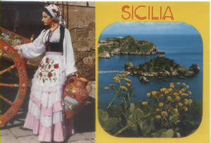 Cartolina Sicilia (84) Ragazza con anfora in costume siciliano e Isola Bella - Garami Milano