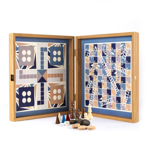 Set Combo 4 in 1 Scacchi/Backgammon/Ludo/Snakes in legno NAVY BLUE COLOUR